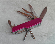 Load image into Gallery viewer, Vintage Multi-Tool Pocket Knife – 11 Function Folding Knife – Pink Textured Handle – Stainless Steel – Camping EDC Tool – Unbranded
