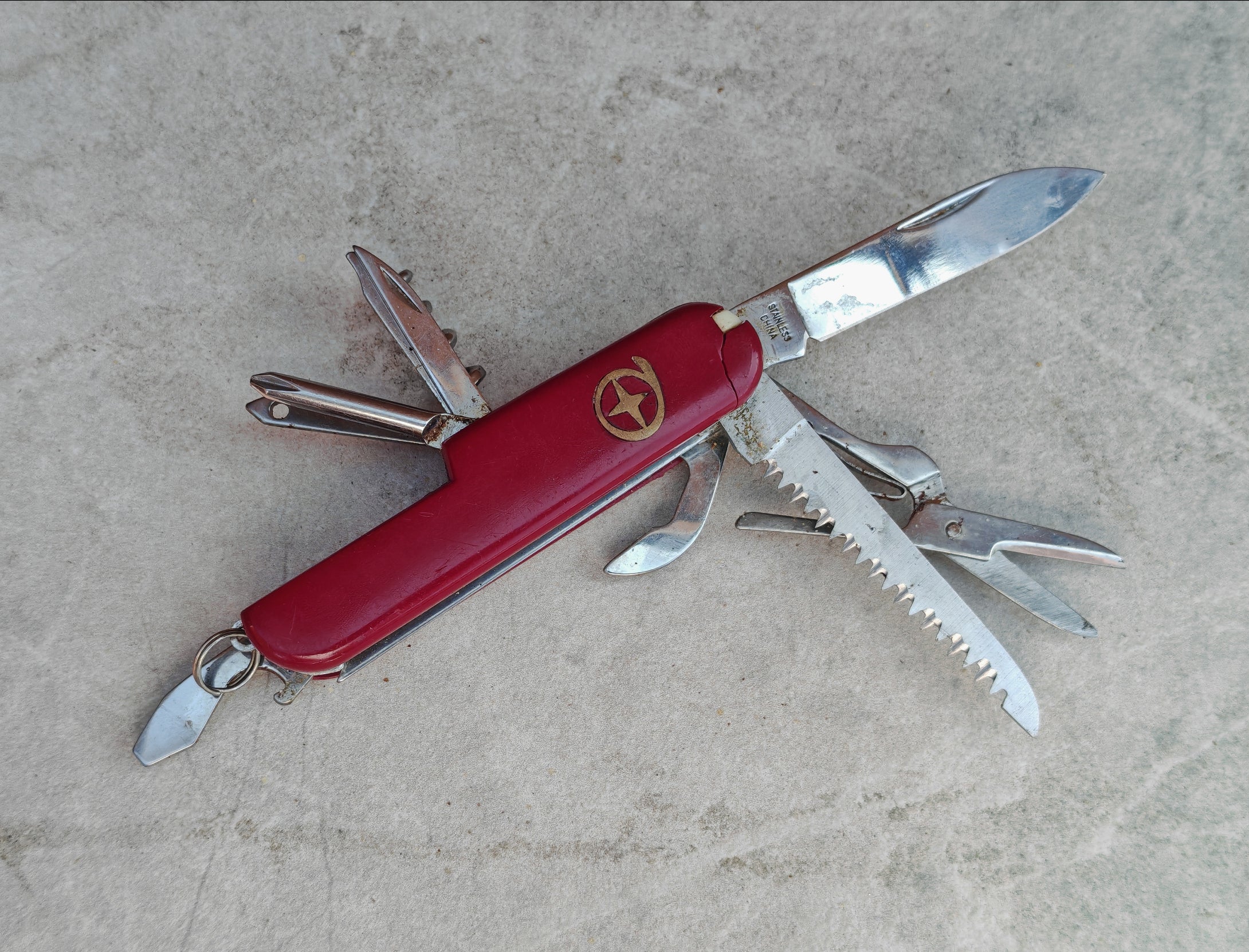 Vintage BPA EI Multi Tool Pocket Knife – 13-in-1 Folding Utility Knife – Red Handle – Stainless Steel – China Made – Collectible EDC Tool