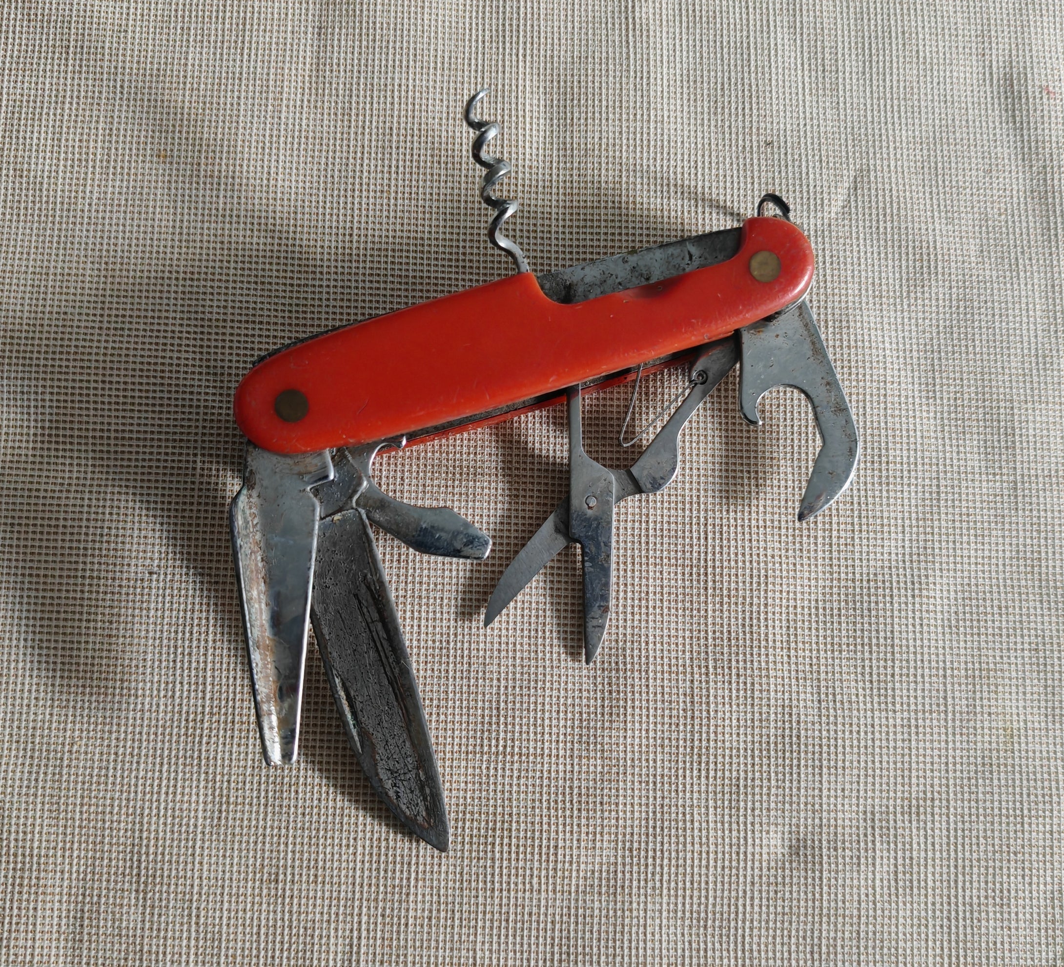 Vintage Red Handle Multi-Tool Pocket Knife – Collectible Swiss-Style Folding Knife