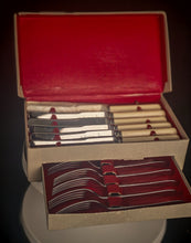 Load image into Gallery viewer, Vintage Montfort Sheffield Cutlery Set Stainless Steel Knives Forks Boxed Cream Handles
