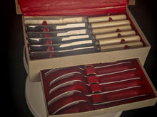 Load image into Gallery viewer, Vintage Montfort Sheffield Cutlery Set Stainless Steel Knives Forks Boxed Cream Handles
