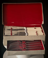 Load image into Gallery viewer, Vintage Montfort Sheffield Cutlery Set Stainless Steel Knives Forks Boxed Cream Handles
