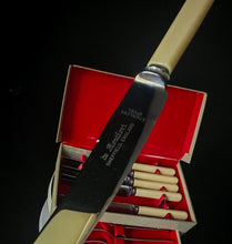 Load image into Gallery viewer, Vintage Montfort Sheffield Cutlery Set Stainless Steel Knives Forks Boxed Cream Handles
