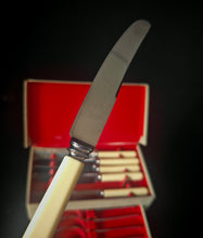 Load image into Gallery viewer, Vintage Montfort Sheffield Cutlery Set Stainless Steel Knives Forks Boxed Cream Handles
