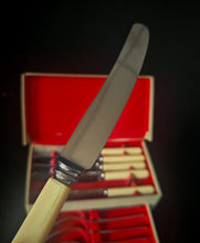 Load image into Gallery viewer, Vintage Montfort Sheffield Cutlery Set Stainless Steel Knives Forks Boxed Cream Handles
