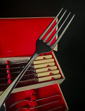 Load image into Gallery viewer, Vintage Montfort Sheffield Cutlery Set Stainless Steel Knives Forks Boxed Cream Handles
