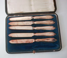 Load image into Gallery viewer, Vintage Walker &amp; Hall Sheffield Silver Plate Knife Set Boxed 5 Knives (1 Missing) 18cm
