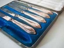 Load image into Gallery viewer, Vintage Walker &amp; Hall Sheffield Silver Plate Knife Set Boxed 5 Knives (1 Missing) 18cm
