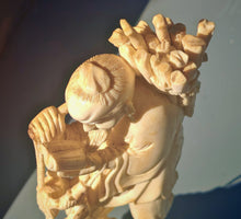 Load image into Gallery viewer, Vintage Asian Fisherman Figurine Resin or Bone Effect Scholar Statue with Fish Carved Figure 19.5cm
