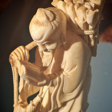 Load image into Gallery viewer, Vintage Asian Fisherman Figurine Resin or Bone Effect Scholar Statue with Fish Carved Figure 19.5cm
