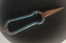 Load image into Gallery viewer, Vintage Garden Pruning Shears 17cm Metal Snips Blue Handle Rusty Patina Tool

