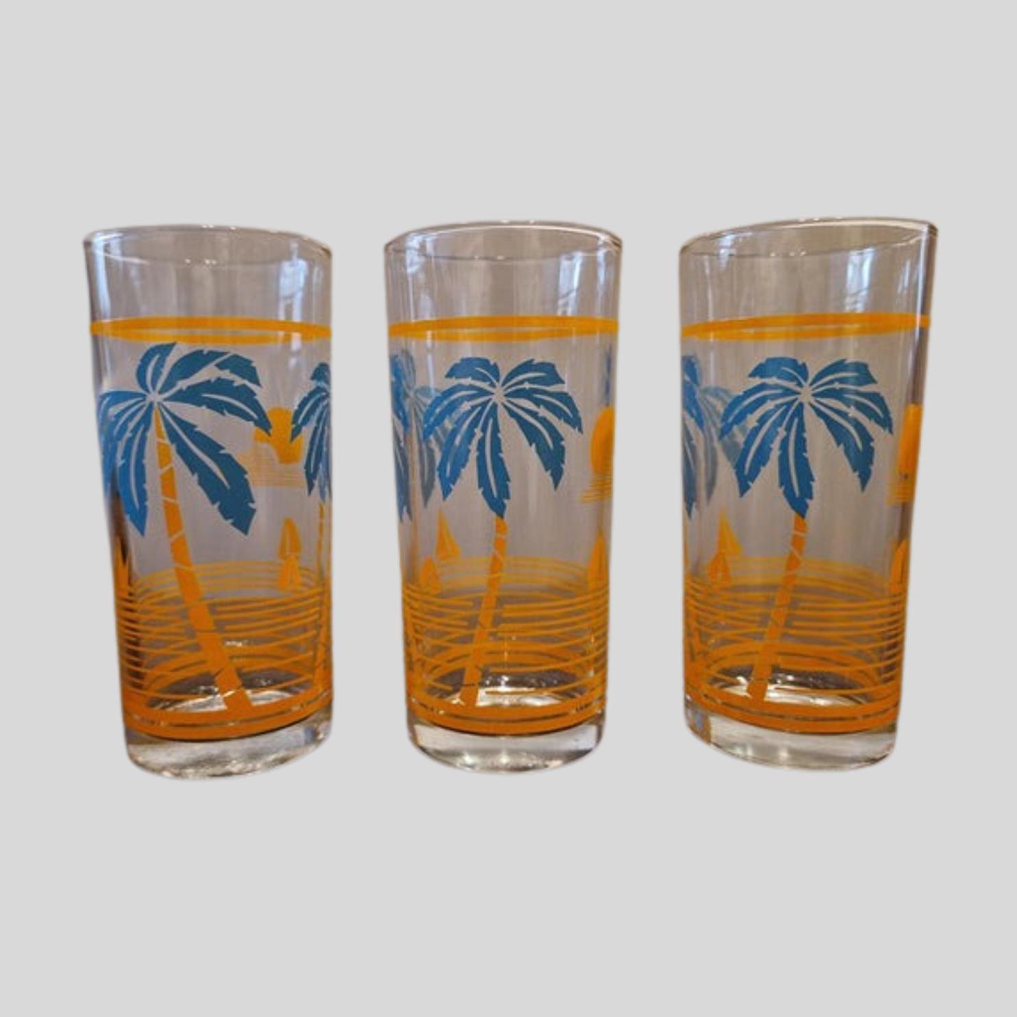 Vintage Mid-Century Palm Tree and Sailboat Glasses Set of 3 1950s