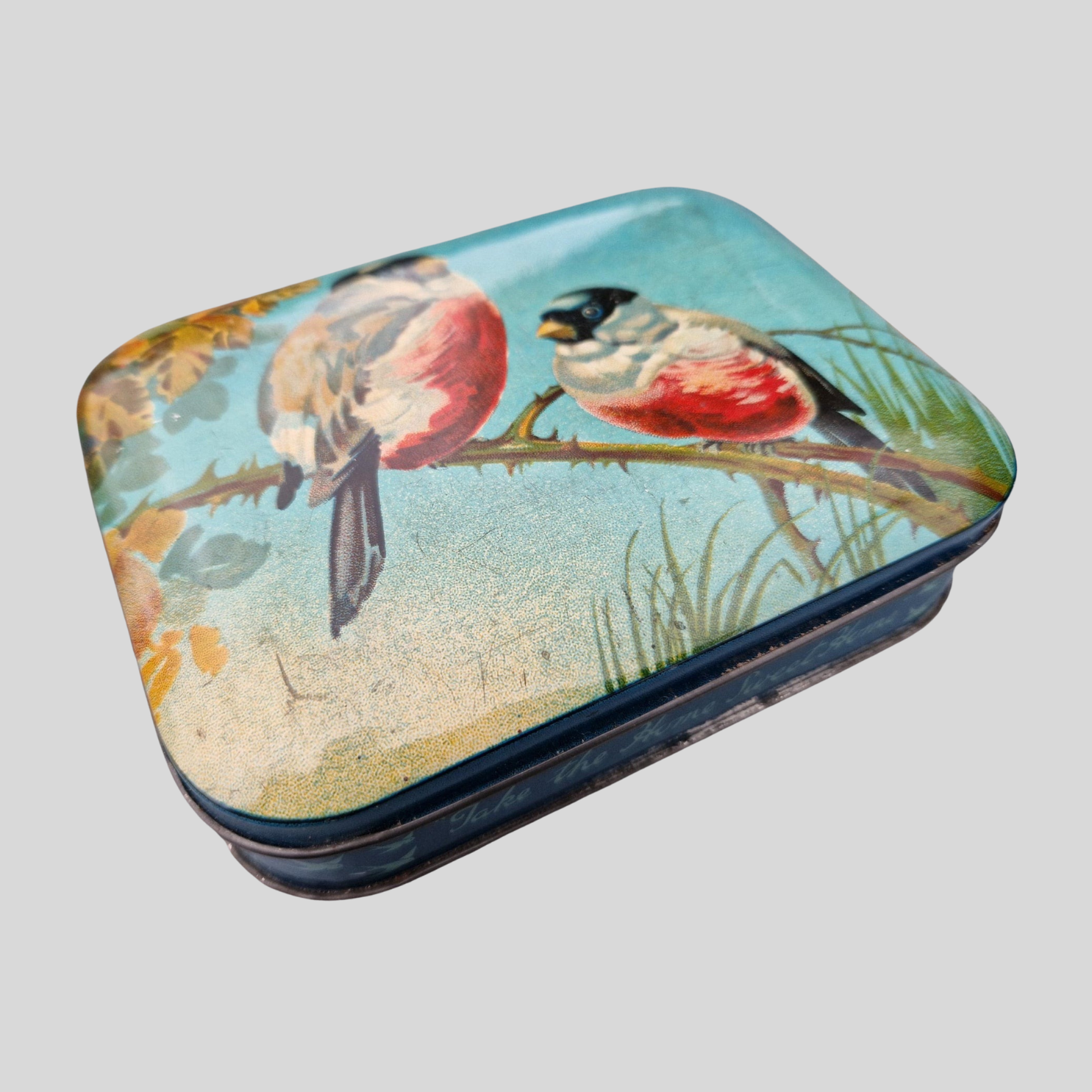 Antique Full-Colour Tin by Bluebird Toffee of England: 'TWO SONGBIRDS'