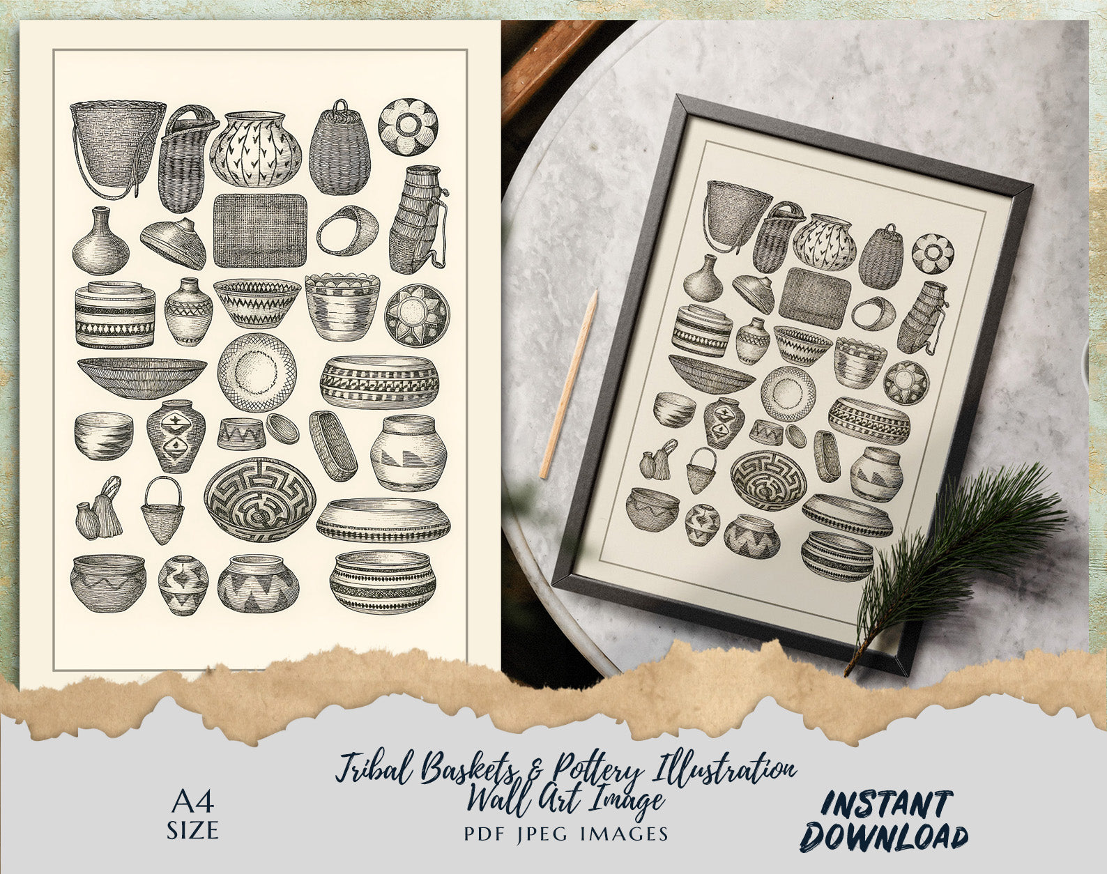 Vintage Tribal Baskets & Pottery Wall Art – Digital Download | A4 Size JPEG & PDF