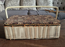 Load image into Gallery viewer, Vintage Tapestry Wicker Woven Sewing Box Basket Pin Cushion Satin Interior
