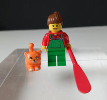 Load image into Gallery viewer, LEGO City Female Gardener Minifigure Cat Figure Red Paddle Accessory
