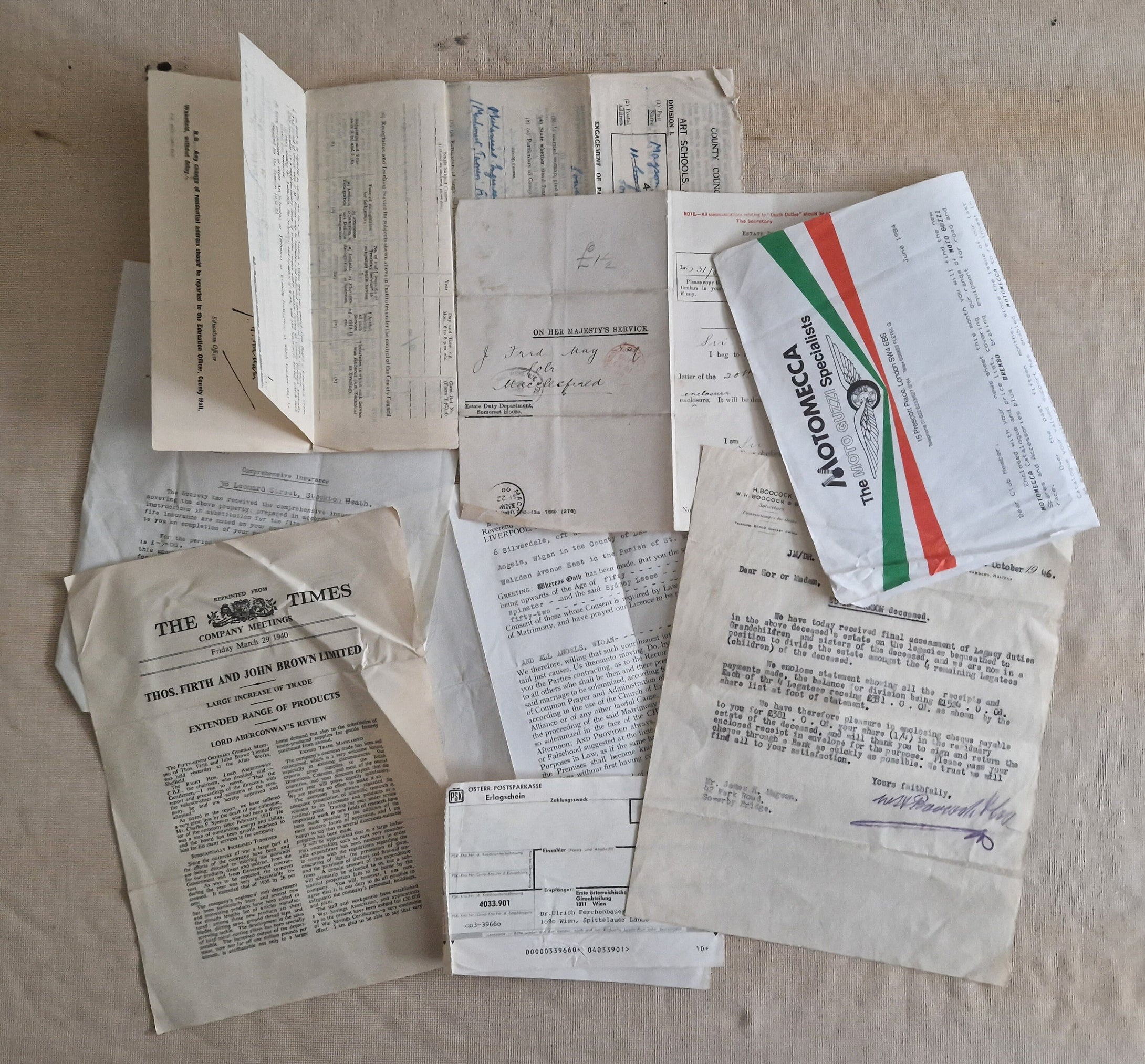 8 x vintage ephemera papers: Insurance Documents, Church Documents, School Admission Papers, Old Che