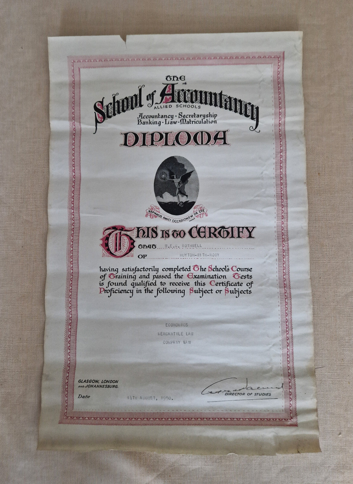 Vintage 1950's Diploma Certificate Ephemera  The School Of Accountancy