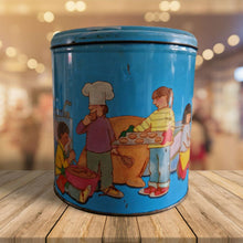 Load image into Gallery viewer, Vintage Children Playing Chef and Baker with Ingredients Blue Tin Metal Canister
