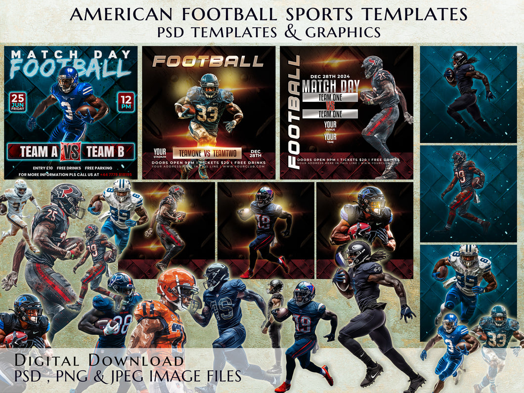 American Football Theme Sports Templates and Graphics Pack , Editable PSD Photoshop Template , png Graphics Images, Jpeg Wallpaper Image