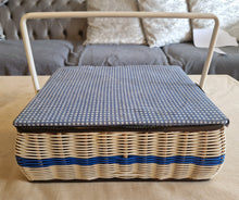 Load image into Gallery viewer, Vintage Blue White Wicker Sewing Box Basket With Handle Blue Satin Material Inside Wicker Sewing
