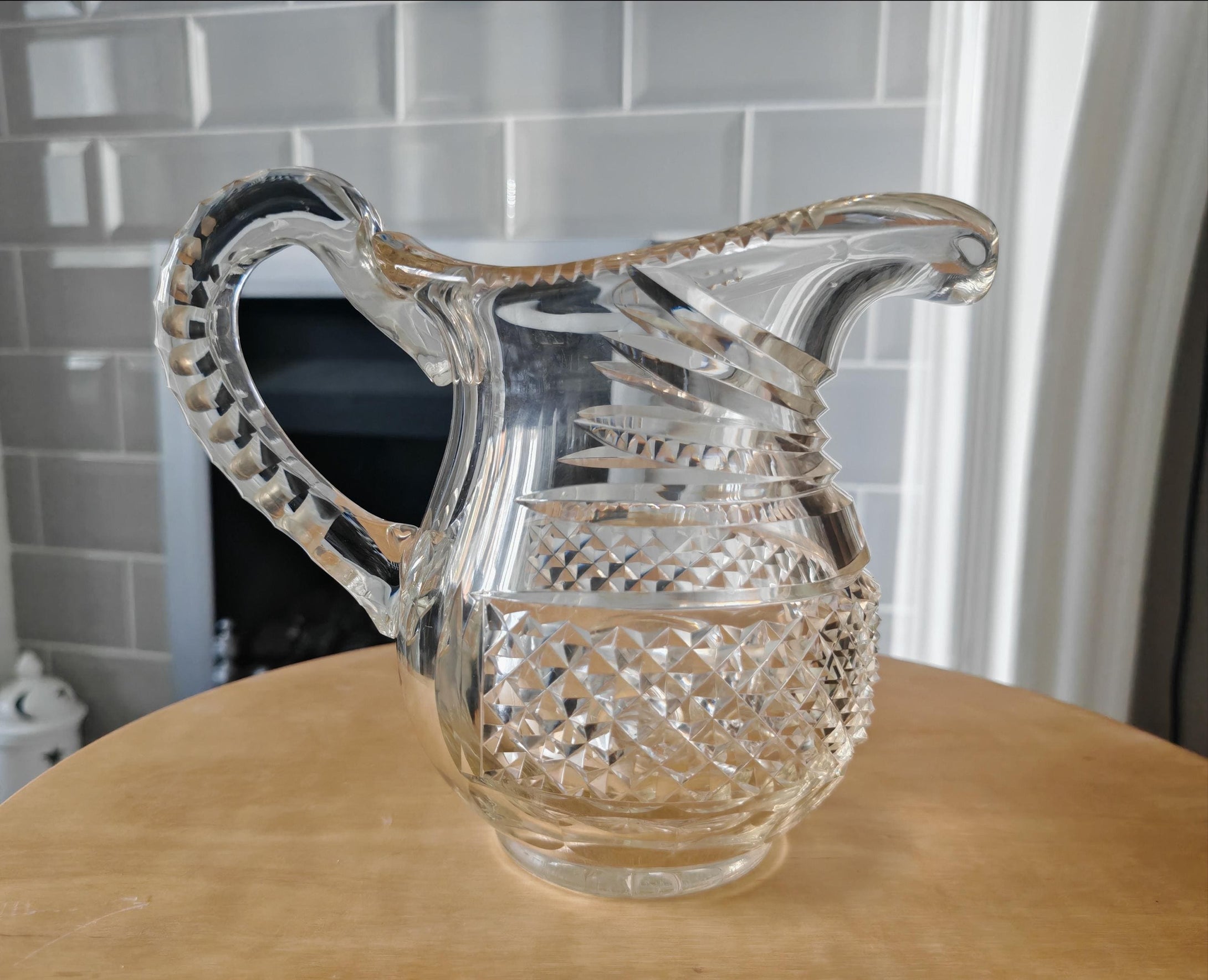 Vintage Cut Glass Jug | Heavy Pressed Crystal Water Pitcher | 16cm Tall | Diamond & Fan Cut Design |