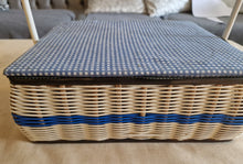 Load image into Gallery viewer, Vintage Blue White Wicker Sewing Box Basket With Handle Blue Satin Material Inside Wicker Sewing
