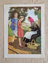 Load image into Gallery viewer, Vintage Illustrated Book Plate Page Colour Lithograph Print 2 School Girl Talking To A Old Woman &amp; G
