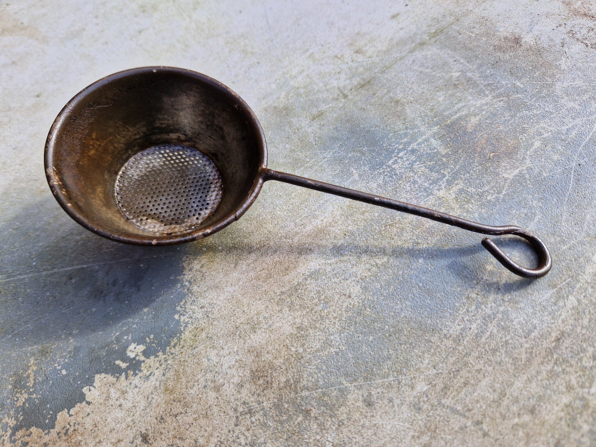 Vintage metal strainer, Old rustic metal hand motor oil strainer