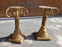 Load image into Gallery viewer, Pair Gold Tone Heavy Metal Candlestick Candle Holders
