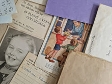 Load image into Gallery viewer, 18 x vintage ephemera in a brown wallet: 1952 Calender, Photograph, Envelope, Medical Card, Religiou
