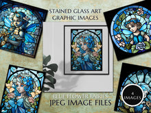 Load image into Gallery viewer, Blue Flower Fairies Stained Glass Window Style Artwork Graphics: 4 x Digital Download Jpeg Floral Fairy Images Art
