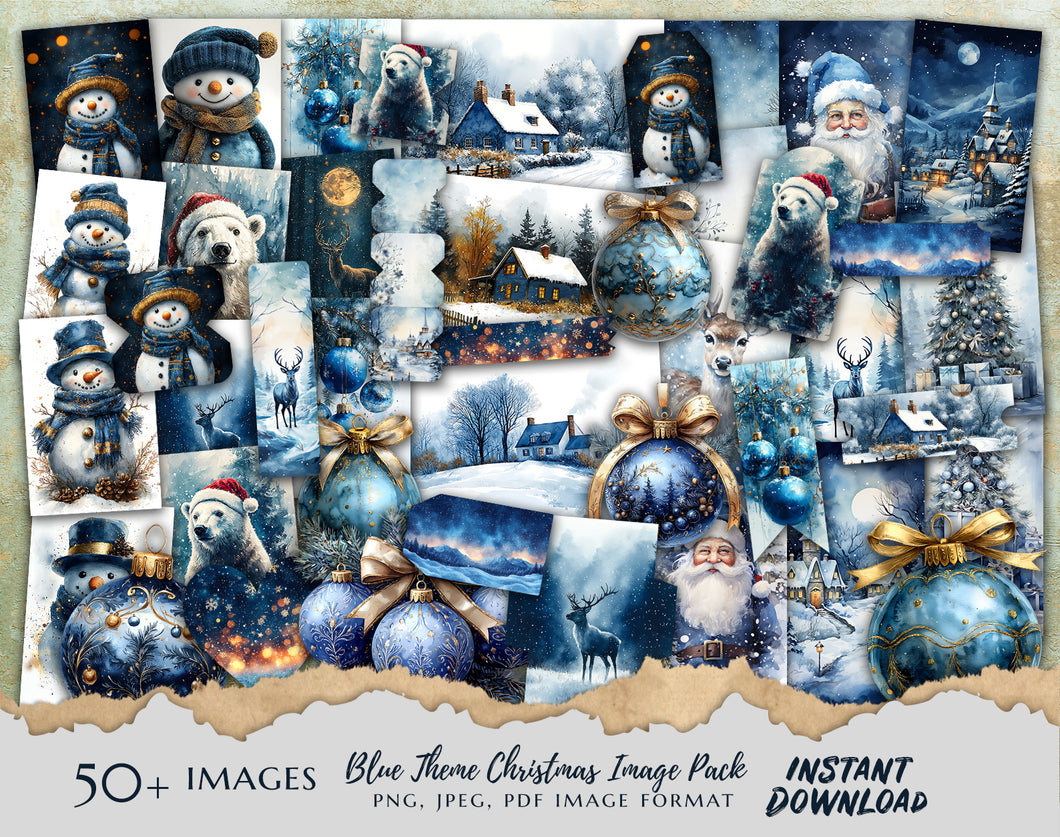 Blue Theme Christmas Junk Journal Clipart Image Pack Over 50 images JPEG PNG & PDF Instant Digital Download Printable Files Santa Snowman