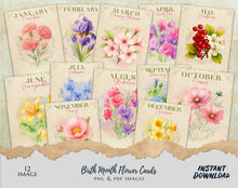 Load image into Gallery viewer, Birth Month Flower Cards | 12 Digital Download Prints | Vintage Floral Wall Art | Botanical Birthday Flowers | PNG &amp; PDF Files
