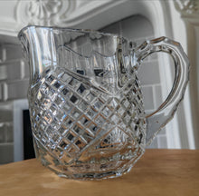 Load image into Gallery viewer, Vintage Cut Glass Jug | Pressed Crystal Water Pitcher | 16cm Tall | Starburst &amp; Crosshatch Design |
