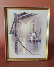 Load image into Gallery viewer, Fishing Trawler by Andres Orpinas, Vintage Framed Art Print, Boats and Seagulls
