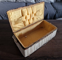 Load image into Gallery viewer, Vintage Tapestry Wicker Woven Sewing Box Basket Pin Cushion Satin Interior
