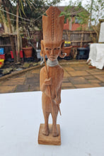 Load image into Gallery viewer, Vintage Wood Carved African Tribal Statue Figure Warrior Hunter With Hunting Sticks and Metal Neckla
