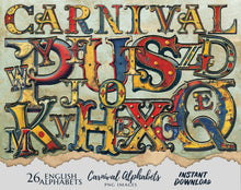 Load image into Gallery viewer, Bright Bold Colourful Vintage Typography Carnival Alphabets Circus Letter Arts Png Graphics Instant Download
