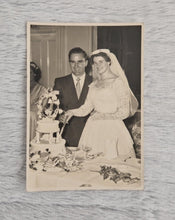 Load image into Gallery viewer, Antique Vintage Wedding Photograph | Bride and Groom Cutting Wedding Cake | Sepia Portrait Photo 15.
