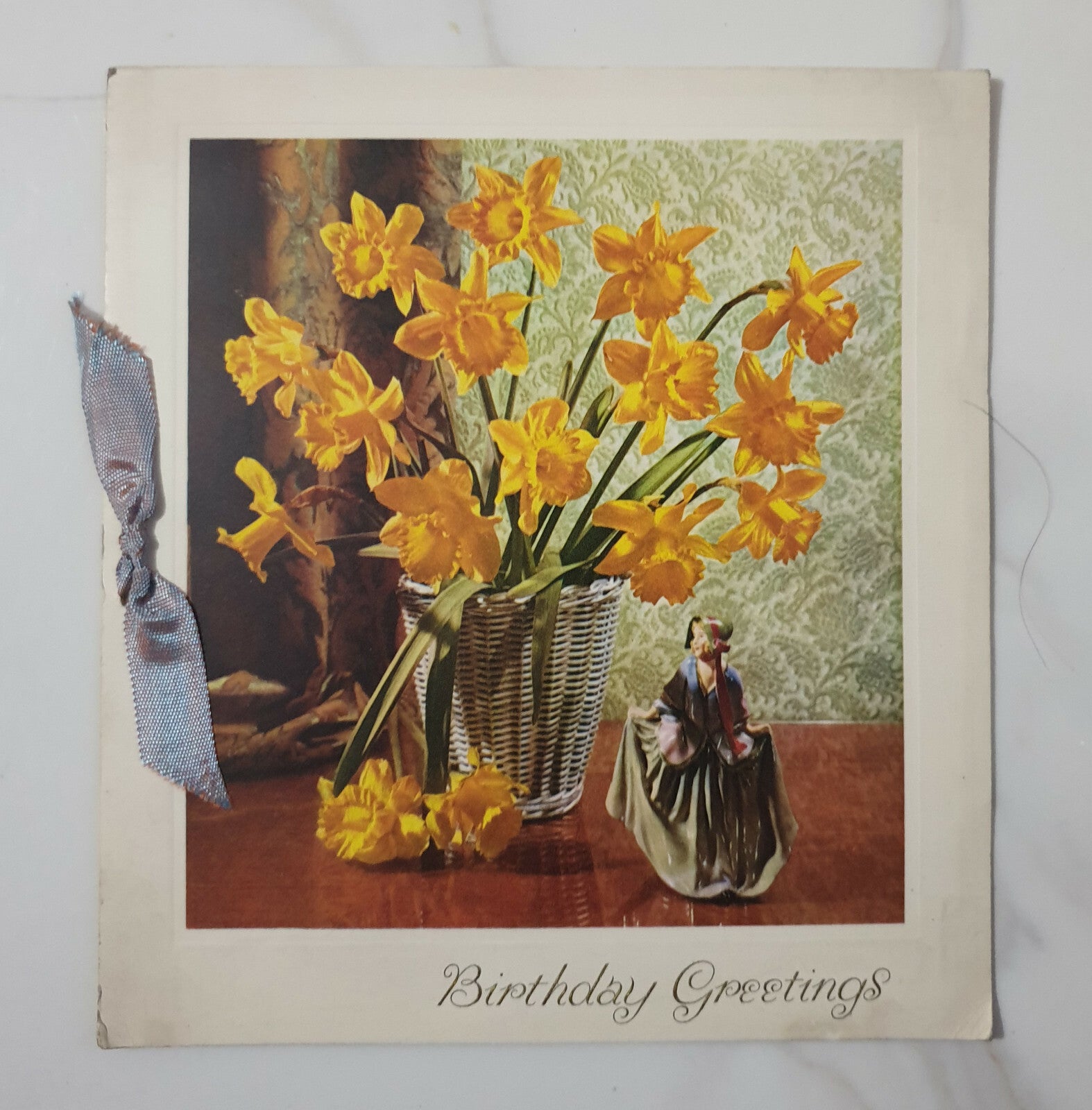 Vintage Birthday Greeting Card, Yellow Flower In Wicker Basket / Vase
