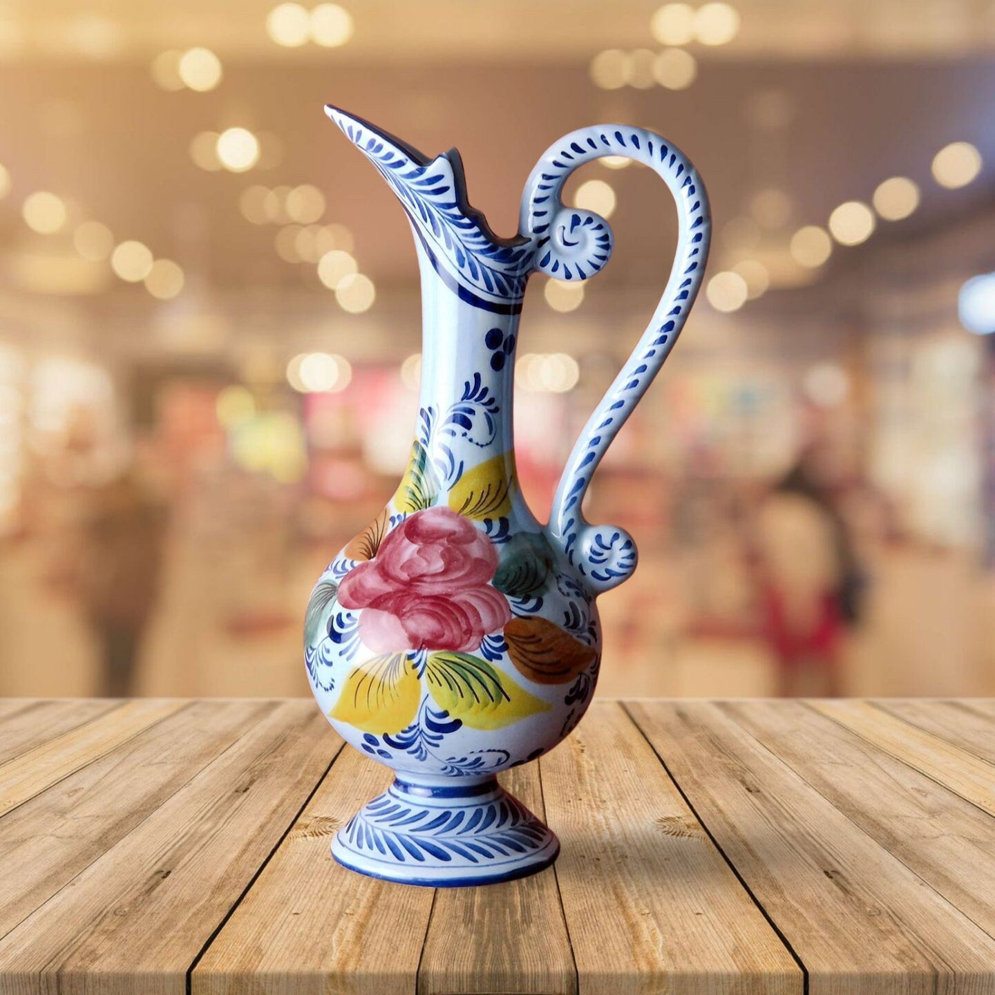 Vestal Alcoboco Portugal Water Pitcher/Jug/Vase Vintage Hand Painted Floral Pattern , Blue Pink Yell