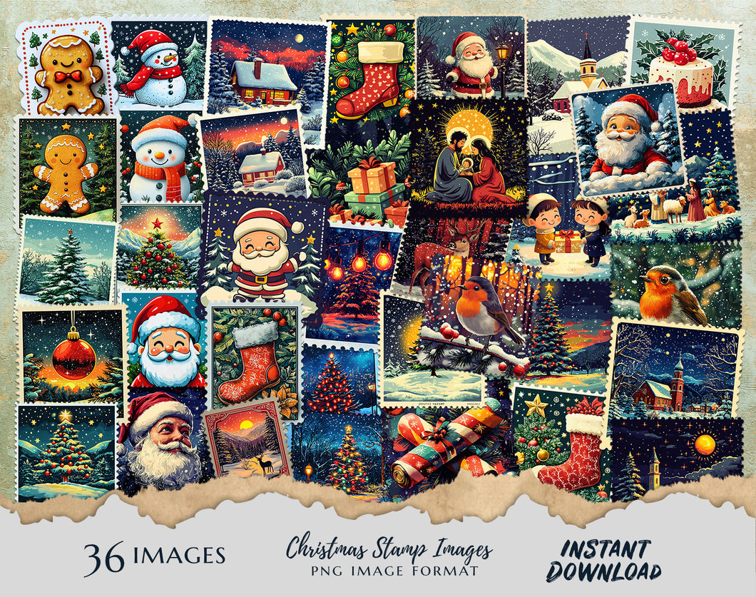 Christmas Vintage Postage Stamp Clipart Bundle - 36 PNG Images Santa Claus, Reindeer, Christmas Tree Gingerbread Man Holiday Art DIY Crafts