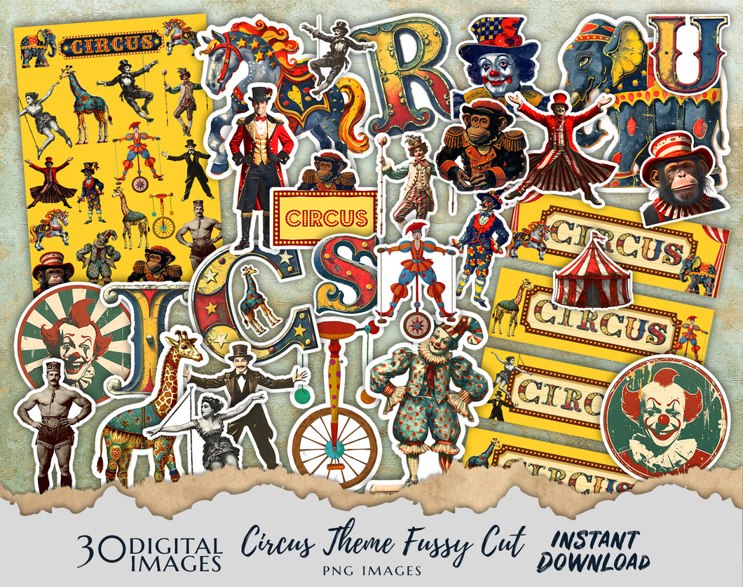 Vintage Circus Carnival Junk Journal Kit Image 30 fussy cut images clipart digital download printable scrapbook cut outs DIY Stickers Retro