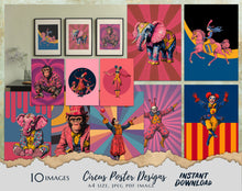 Load image into Gallery viewer, 10 x Circus Theme Wall Hanging Poster Designs, A4 Size , JPEG &amp; PDF image format, Instant Digital Download Colourful Theme Design
