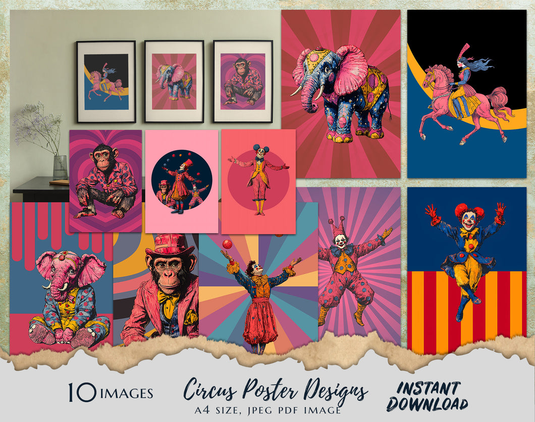 10 x Circus Theme Wall Hanging Poster Designs, A4 Size , JPEG & PDF image format, Instant Digital Download Colourful Theme Design