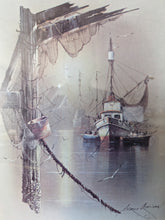 Load image into Gallery viewer, Fishing Trawler by Andres Orpinas, Vintage Framed Art Print, Boats and Seagulls
