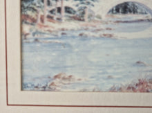 Load image into Gallery viewer, Vintage Print In Wooden Frame: Landscape Watercolour Painting Of Bridge, Trees, Rocks, Water &amp; Mount
