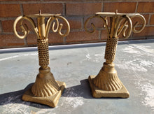Load image into Gallery viewer, Pair Gold Tone Heavy Metal Candlestick Candle Holders
