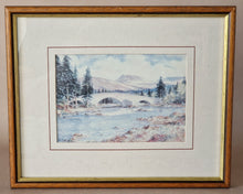 Load image into Gallery viewer, Vintage Print In Wooden Frame: Landscape Watercolour Painting Of Bridge, Trees, Rocks, Water &amp; Mount
